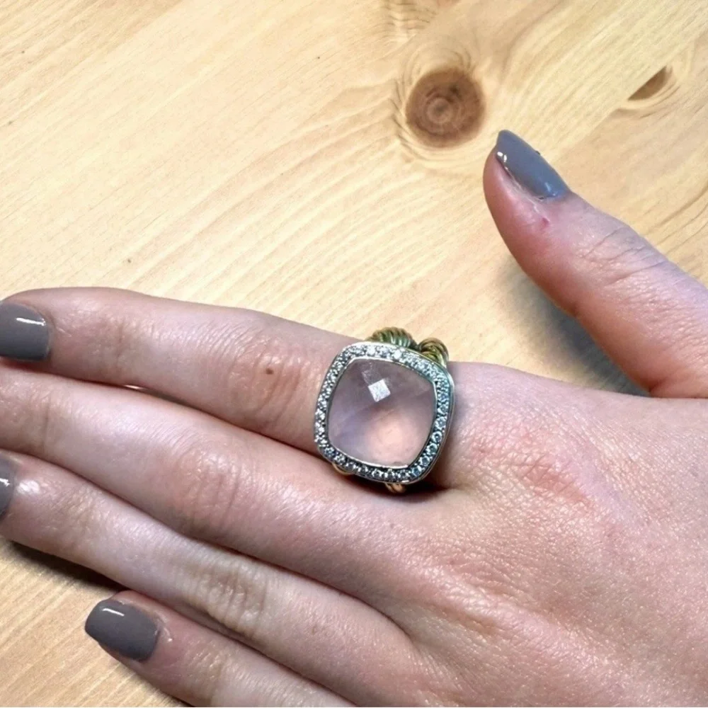 David Yurman Albion  18k Gold Ring Rose Quartz Center Diamond Halo - Size 8.25 - Picture 5 of 7